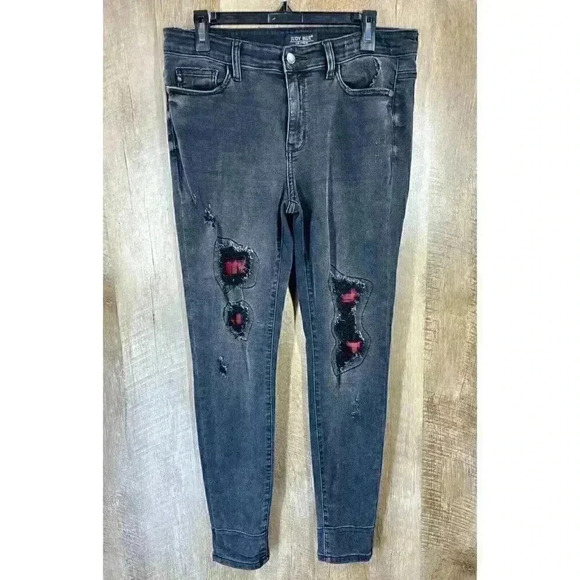 Judy Blue Jeans Skinny Fit 11/30 Black Mid Rise Buffalo Plaid Patch Distressed - Picture 3 of 9